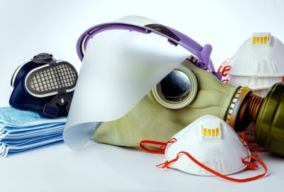 Antiviral protective means including masks isolated on white background